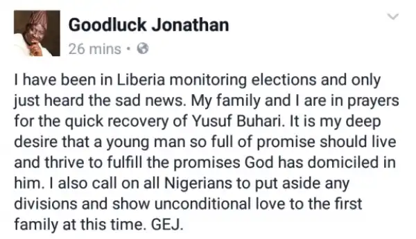 Former President Goodluck Jonathan Reacts To Yusuf Buhari